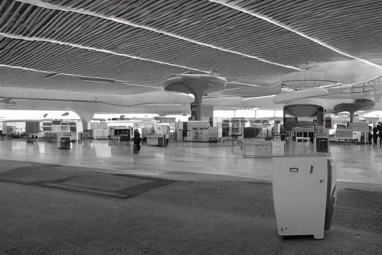 Prompt: spatial aeroport departure, in a deep galaxy. huge carved wooden boxes are waiting to be taken away by the transport machines.