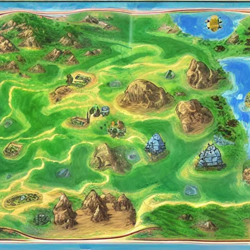 Image similar to a map of the land in the game, concept art by Ken Sugimori, featured on deviantart, regionalism, high resolution, ultra detailed, concept art