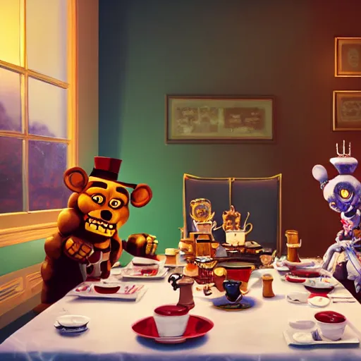 Image similar to a five nights at freddy's animatronic having an intense tea party with queen elizabeth ii, octane render / source, oil painting, trending on artstation, rossdraws