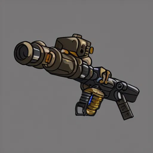 Image similar to heavy dieselpunk grenade launcher on a black background | | stylized weapon icons, digital painting, isometric, by greg rutkowsky, trending on artstation