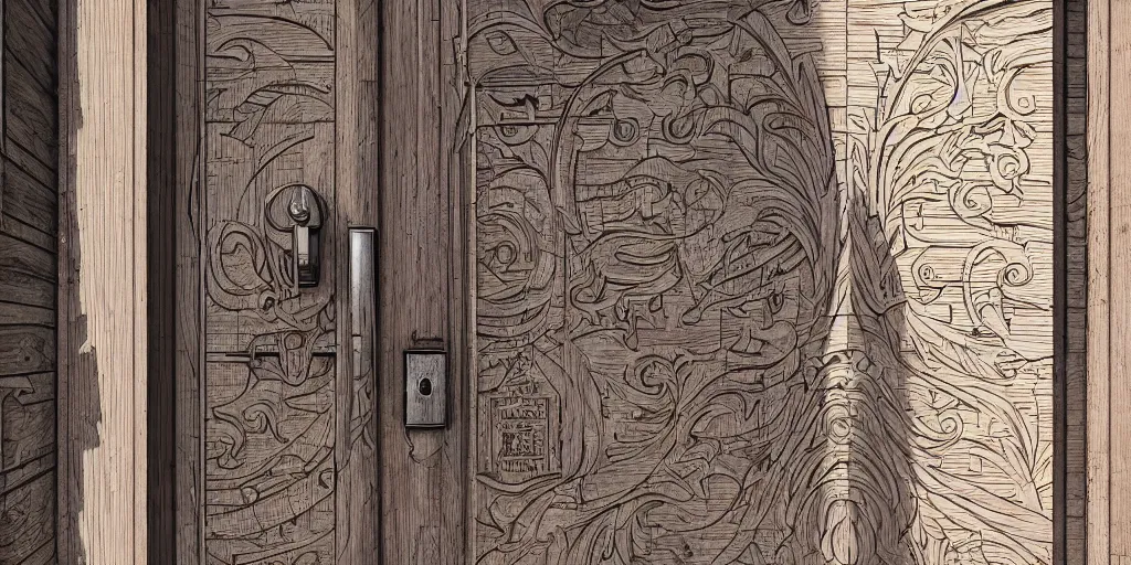 Prompt: photo of a wooden door with engravings on a city street in modern new york. architecture. trending on artstation. cgsociety. art by greg rutkowski and moebius.