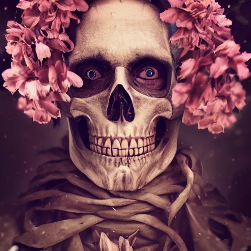 Prompt: cinematic shot epic portrait skeleton wearing a dark robe covered in flowers, hyper realistic, mood lighting, fantasy, detailed face, highly detailed, super realistic, perfect lighting pixel sorting