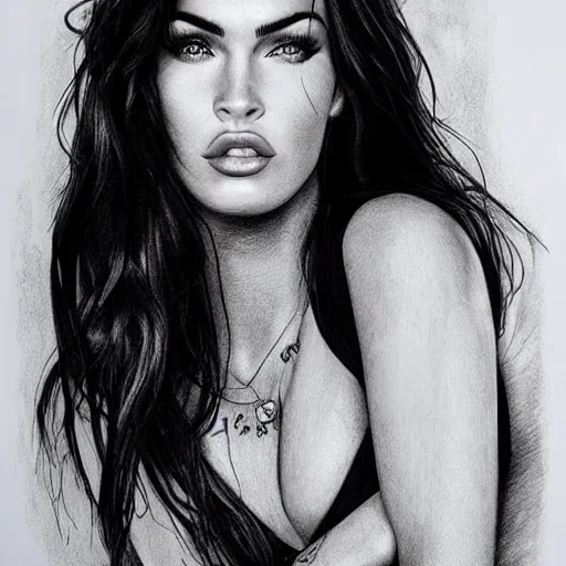 Prompt: megan fox portrait, hyper - realistic black and white drawing, amazing detail, in the style of den yakovelv