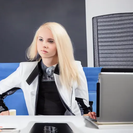 Image similar to 19-year-old Aristocratic platinum-blonde-haired hime-cut blue-eyed French empress wearing white leggings and black jacket, sitting in office, cchatting with communist officer, futuristic gadgets, HD photograph