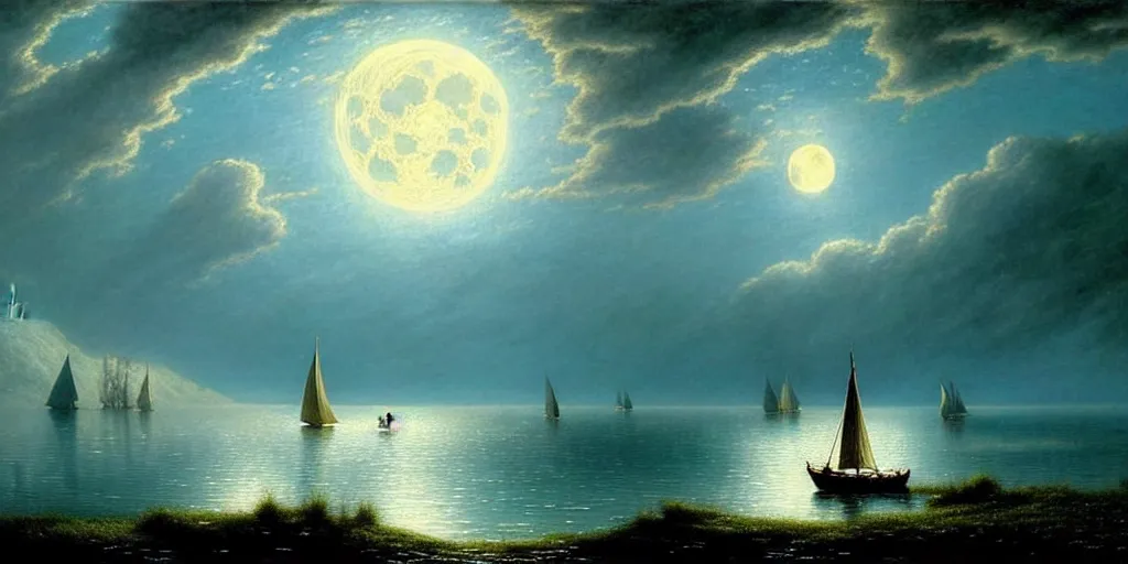 Image similar to an elegant fairy queen in a blue lace dress dancing looking out at a lord of the rings scenery landscape, staring across the sea at a white timber sail boat, evening, highly detailed, vivid colour, soft clouds, full moon, cinematic lighting, perfect composition, gustave dore, derek zabrocki, greg rutkowski, belsinski