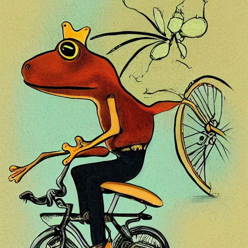 Image similar to book illustration of a frog riding a bike, surrealism