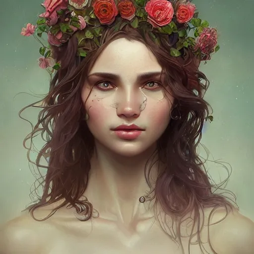 Prompt: A gorgeous young woman plant hybrid, vine and plants and flowers, intricate, digital painting, highly detailed, concept art, Artstation, Cgsociety, Artgerm, Alphonse Mucha, Wlop, cinematic lighting, sharp focus