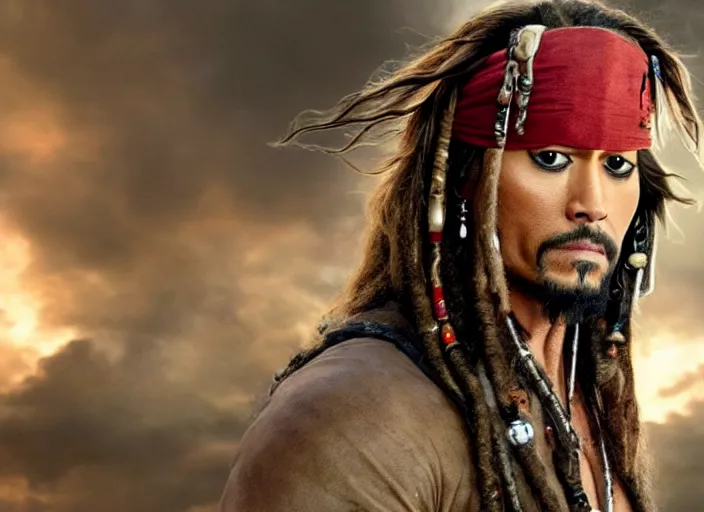 Prompt: film still of dwayne the rock johnson as captain jack sparrow in the new pirates of the carribean movie, 4 k