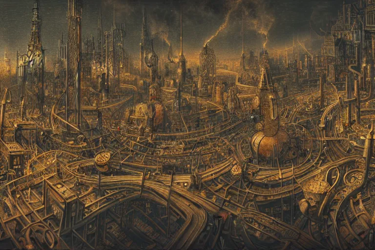 Image similar to an elaborate penned illustration of a apocalyptic intricate connected city of tubes and pipes, muted colors, copper pipers, by jan van haasteren and jheronimus bosch, unreal engine, physically based rendering, ariel view, tilt - shift, grim, moody, shiny, reflective, cinematic