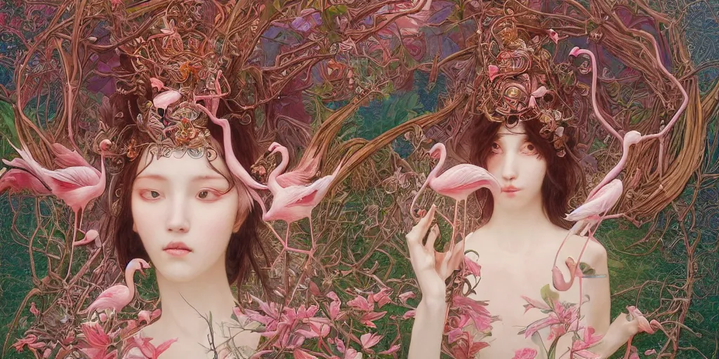 Image similar to breathtaking detailed weird concept art painting of the goddess of flamingo, orthodox saint, with anxious, piercing eyes, ornate background, epic composition, amalgamation of leaves and flowers, by Hsiao-Ron Cheng and John James Audubon and Miho Hirano, extremely moody lighting, 8K