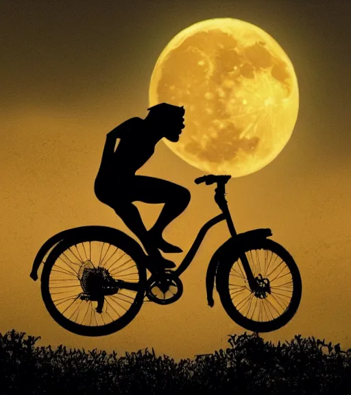 Prompt: the hulk is riding a flying bike across the full moon as silhouette, from the movie e. t. the extra terrestrial, with dark trees in foreground, cinematic frame by steven spielberg, hd