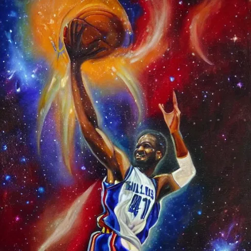 Image similar to an expressive oil painting of a basketball player dunking, depicted as an explosion of a nebula