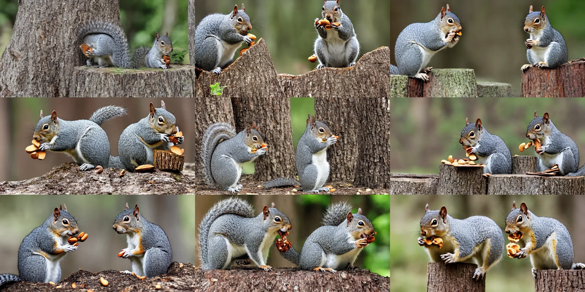 Prompt: Gray Squirrel wearing aviators, eating a peanut near a stump. Realistic.