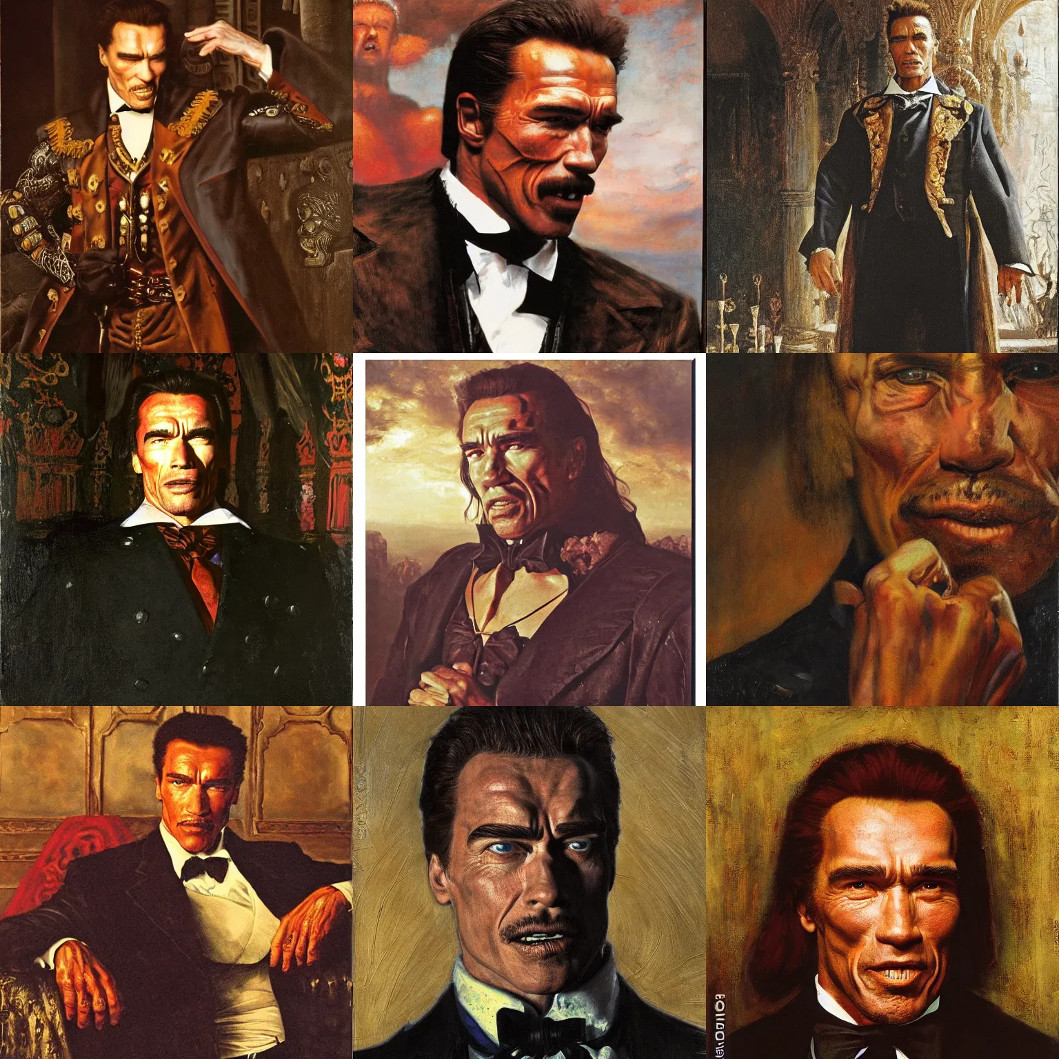 Prompt: detailed portrait of arnold schwarzenegger is dracula the vampire by rudolf ernst, john frederick lewis, jean - leon gerome, rudolf weisse, david roberts, charles theodore frere, alfred dehodencq, orientalism