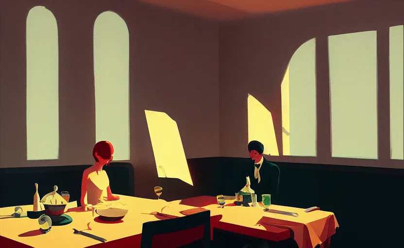 Image similar to an emotional surreal mysterious dinner scene illustration by atey ghailan and escher and edward hopper,