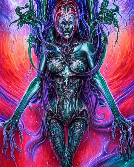 Image similar to silver mechanical charred bloody fleshmetal cyborg daemonhost woman psychedelic flamer of tzeentch with extra arms, blue and green rainbow fire, by antonio j. manzanedo, alex grey, android jones, wayne barlowe, philippe druillet, cyril rolando, josephine wall, harumi hironaka, cronenburg, trending on artstation