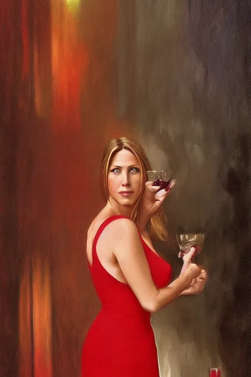 Prompt: half Jennifer Aniston, half Uma Thurman, green eyes, in a red dress, at a cocktail party, dramatic backlighting, autochrome, high contrast, highly detailed, sharp focus, digital painting, concept art, illustration, trending on artstation, art by greg rutkowski and greg hildebrandt, composition by alphonse mucha