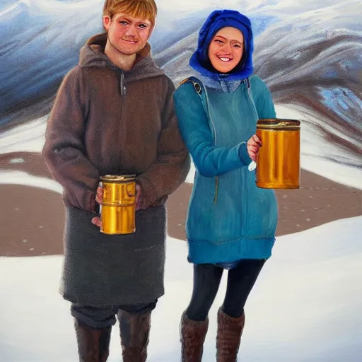 Image similar to a highly detailed painting of a young couple holding a tin can, remote icelandic village, blonde hair, trending on artstation,