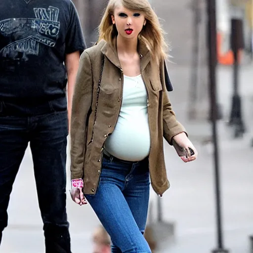 Image similar to taylor swift pregnant walking down the street, realistic very detailed face, photography