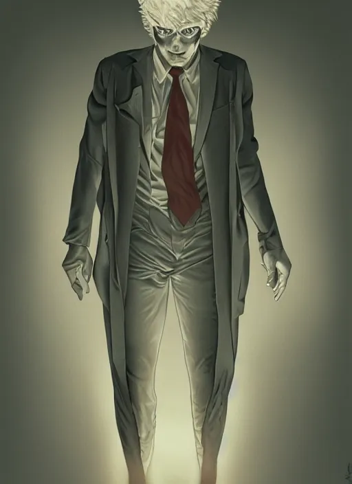 Image similar to aesthetic digital illustration of a solitary smirking young psychopath standing in an empty white room by brian bolland, rachel birkett, alex ross, and neal adams | sinister, dangerous, character concept, concept art, unreal engine, finalrender, centered, deviantart, artgerm