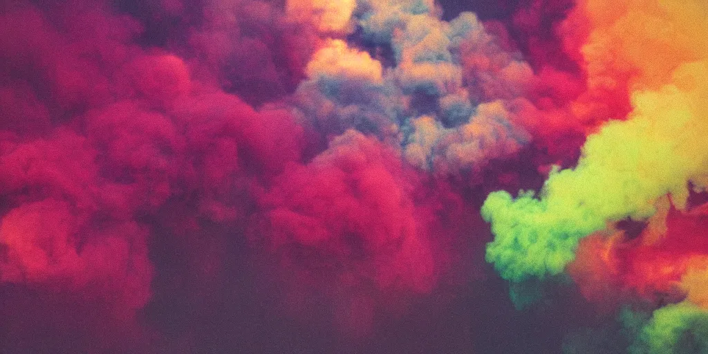Prompt: analog photo of colored smoke, color bleed, gritty, ambient light