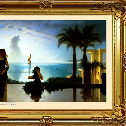 Image similar to Silhouette of two girls at the palace, thunderstorm, greek pool, beach and palm trees on the background major arcana sky, by paul delaroche, alphonse mucha and arnold böcklin arnold böcklin hyperrealistic 8k, very detailed