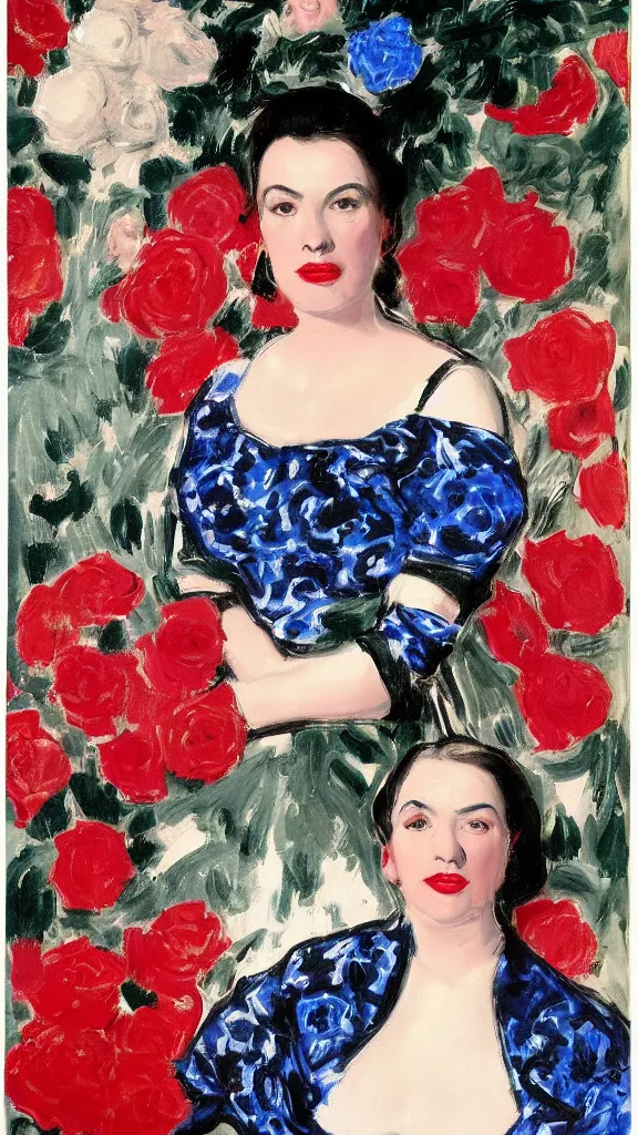 Prompt: portrait of rebekah delrio in lynch pattern dress beside of a big persian detailed pot of red roses, blue and red lights, mulholland drive, painted by john singer sargent
