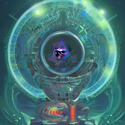 Image similar to intricate holographic ghost in the machine pices fish made of microcircuitry and transistors in a glowing deap sea by peter mohrbacher and dan mumford, trending on artstation, cgsociety 4 k