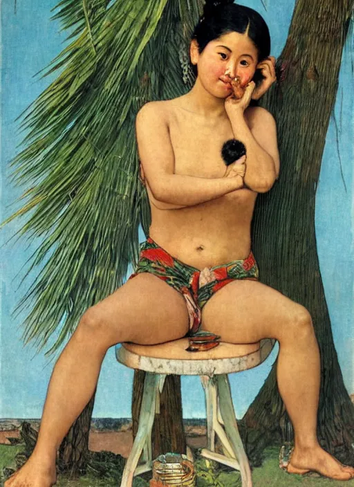 Image similar to a beautiful asian girl with a coconut tree tattoo on her stomach by Norman Rockwell