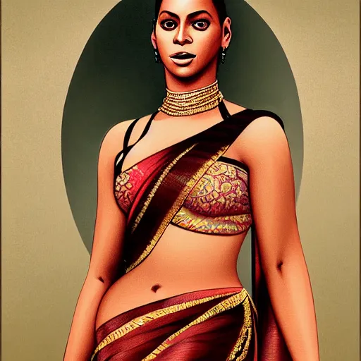 Prompt: beautiful portrait of beyonce wearing assamese mekhela sleeveless silk saree, fantasy, intricate, elegant, highly detailed, digital painting, artstation, concept art, smooth, sharp focus, luxury fashion illustration, art by artgerm and greg rutkowski and alphonse mucha, brightly lit cinematic soft lighting, photorealistic, assam tea village background