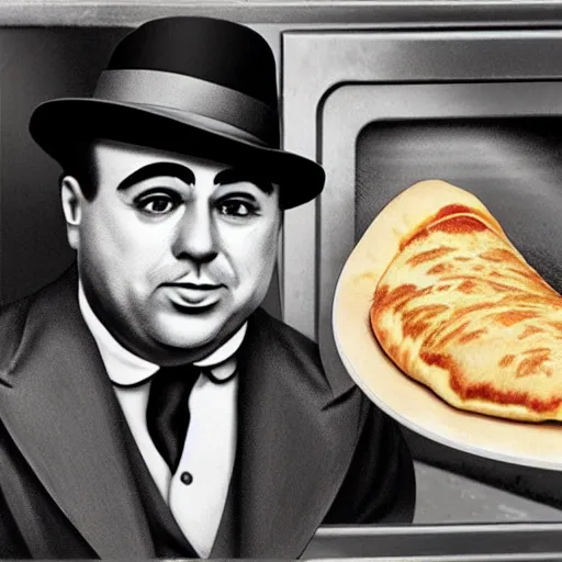 Image similar to al capone as a calzone being turned into a calzone as a calzone but still with the face of al capone being baked in an oven as a calzone, realistic, hyperrealistic, ultra realistic, real, real world, highly detailed, very detailed, extremely detailed, intricate details, 8 k resolution, hd quality