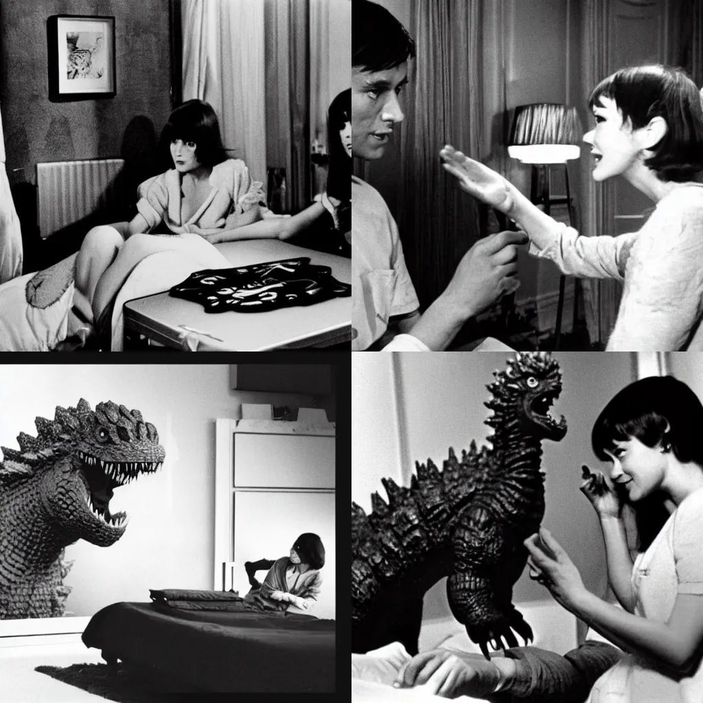 Prompt: godzilla is in a french bedroom with anna karina. gozilla is a big monster with scales. godzilla talks to anna karina. 5 0 mm