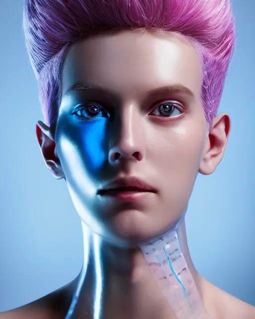 Image similar to natural light, soft focus portrait of an androgynous android with soft synthetic pink skin, blue bioluminescent plastics, smooth shiny metal, elaborate diamond ornate head piece, piercings, face tattoo, skin textures, by annie liebovotz, paul lehr,