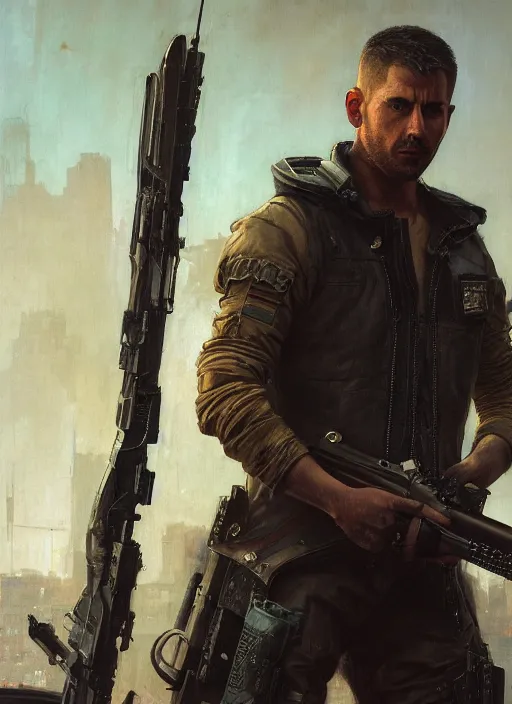 Image similar to igor. cyberpunk mercenary in a military vest ( blade runner 2 0 4 9, cyberpunk 2 0 7 7 ). orientalist portrait by john william waterhouse and james gurney and theodore ralli and nasreddine dinet, oil on canvas. cinematic, hyper realism, realistic proportions, dramatic lighting, high detail 4 k