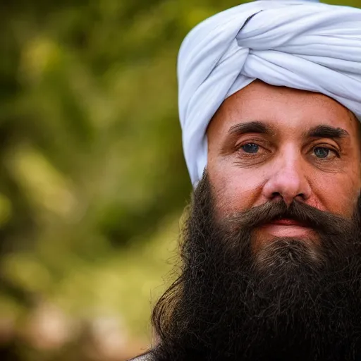 Image similar to a portrait of donald trump wearing a long beard and a turban joining the taliban, fine details, close up, 8 k photography, depth of field, bokeh. i