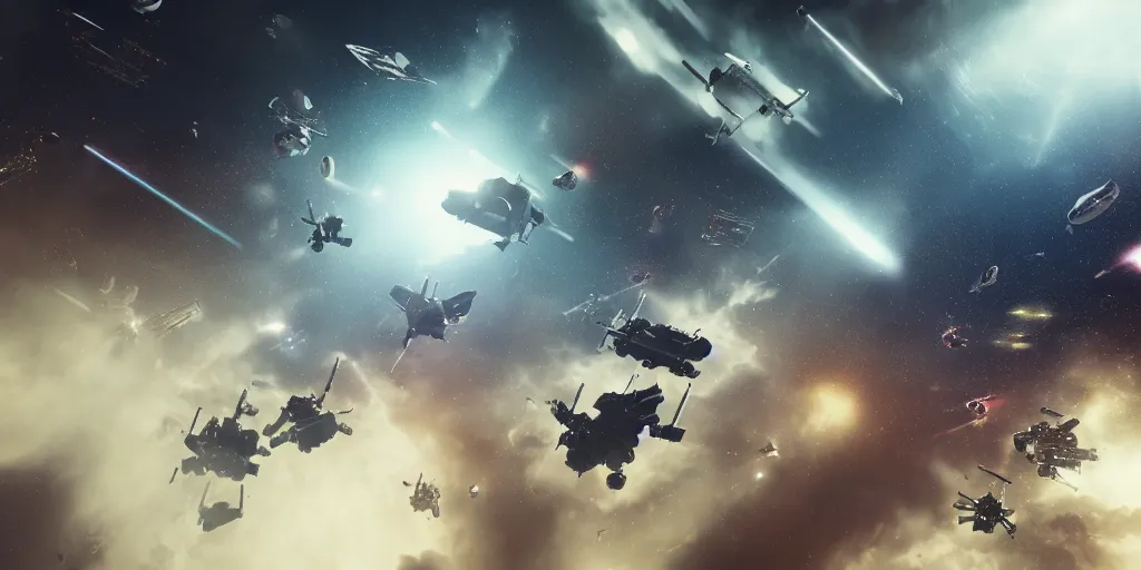 Prompt: huge space battle, multiple spaceships fighting, moody lighting, 8 k