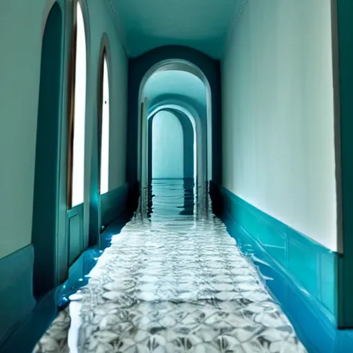 Image similar to a room flooded with blue green water, curved hallway, white ceramic tiles, dark, surreal, liminal,