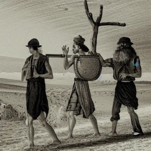 Image similar to Three men carrying a chest in the desert by finlay virgil