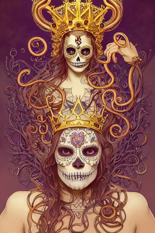 Prompt: sugar skull, a golden crown floating above his head, tentacles coming out the ground art by Artgerm and Greg Rutkowski and Alphonse Mucha and Craig Mullins and James Jean and Andrei Riabovitchev and Marc Simonetti and peter mohrbacher, sharp focus, ominous, cosmic horror, trending on artstation, Ultra detailed, hyper realistic 4k