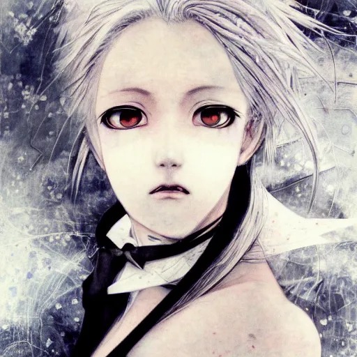 Image similar to Yoshitaka Amano realistic illustration of an anime girl with white hair and cracks on her face wearing dress suit with tie fluttering in the wind, abstract black and white patterns on the background, noisy film grain effect, highly detailed, Renaissance oil painting, weird portrait angle