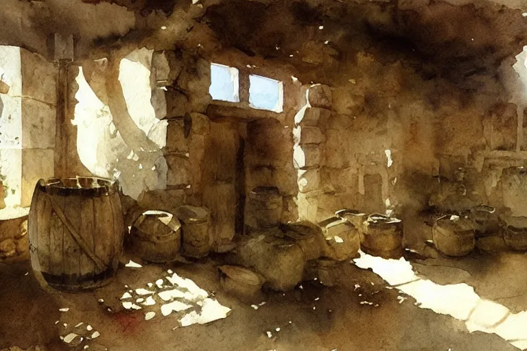 Prompt: watercolor painting of rustic ruin cellar, wooden crates, barrels, stone walls, lantern, very beautiful ambient lighting, sun rays, dust, art by anders zorn, american romanticism
