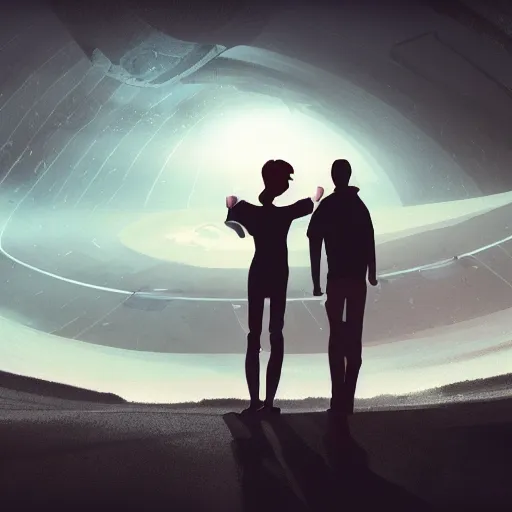 Prompt: couple looking at huge spaceship that leaving planet, based on artstation style Ed Laag