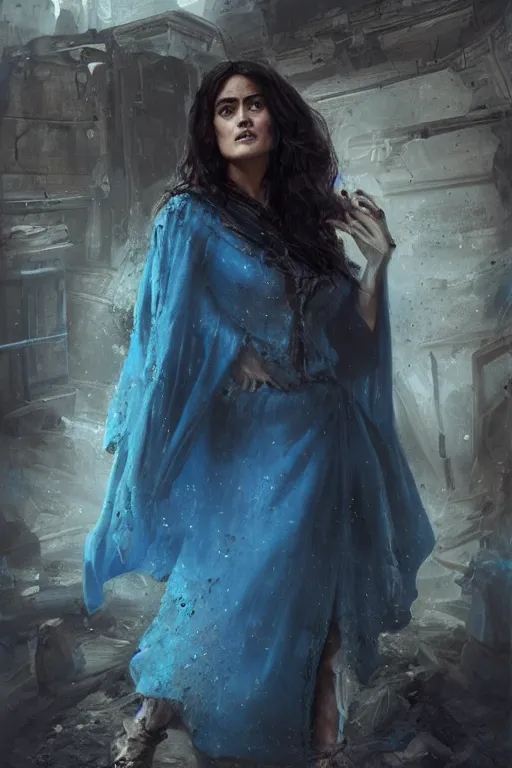 Image similar to portrait, Salma Hayek , sorceress, dressed in tattered blue dress and cloak , face portrait, raphael lacoste, eddie mendoza, alex ross, concept art, matte painting, highly detailed, rule of thirds, dynamic lighting, cinematic, detailed, denoised, centred