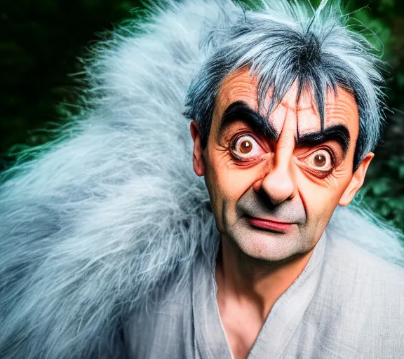 Image similar to award winning 5 5 mm close up portrait photo of mr bean as songoku, in a park by luis royo. soft light. sony a 7 r iv