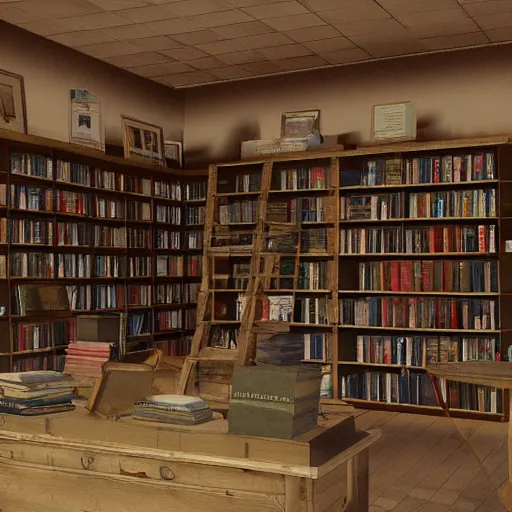 Image similar to unreal engine render of an old, dusty bookstore