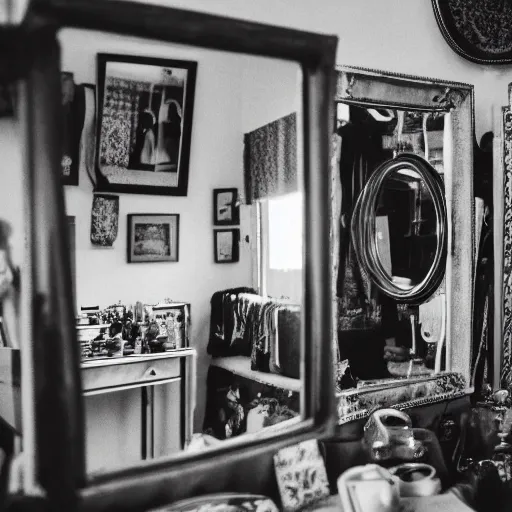 Image similar to photograph of mirror on a vintage shop, inside the mirror a reflection of an old lady smiling, black and white, 3 5 mm