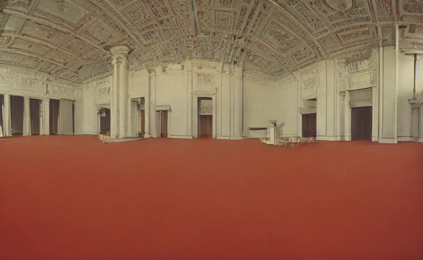 Image similar to 60s movie still of a giant stalinist style empty palace hall, by Irving Penn , cinestill 800t 35mm eastmancolor, heavy grainy picture, very detailed, high quality, 4k, HD criterion, precise texture, panoramic, cinematic