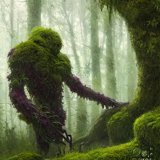 Prompt: a beautiful humanoid monster made out of moss and flowers. ethereal fantasy art by greg rutkowski