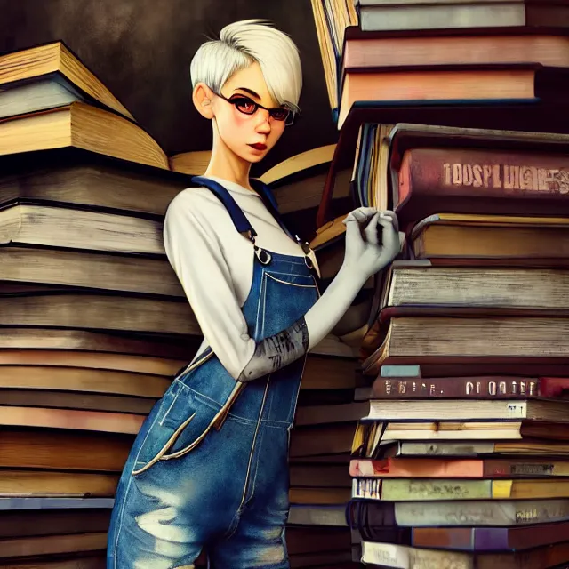 Image similar to full body pose, beautiful adult book fairy, pixar, short white hair shaved sides, dirty, grungy, grunge, long sleeve, painted overalls, stacks of giant books, highly detailed, 4 k, hdr, smooth, sharp focus, high resolution, award - winning photo, artgerm, photorealistic