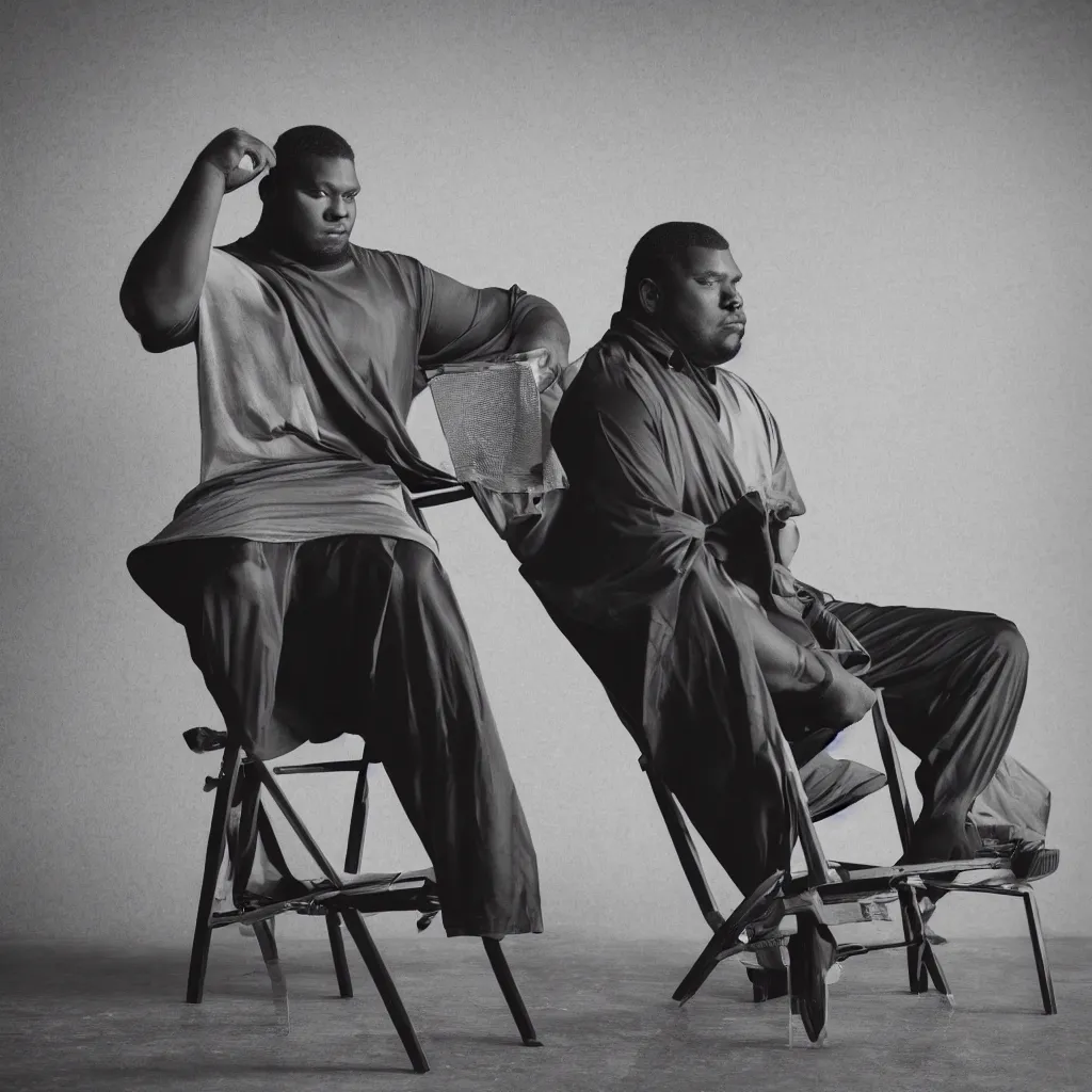 Prompt: one Large black man sitting on chair in front of background made of large folding silky curtains, dark, 8K photo realistic, black and white color, dimly lit, top light, dark